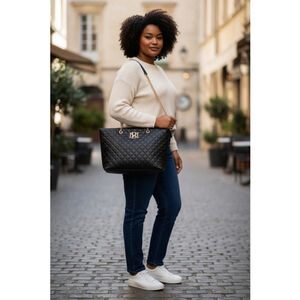 Badgley Mischka Black Quilted Tote Bag with Gold Chain Strap, One Size